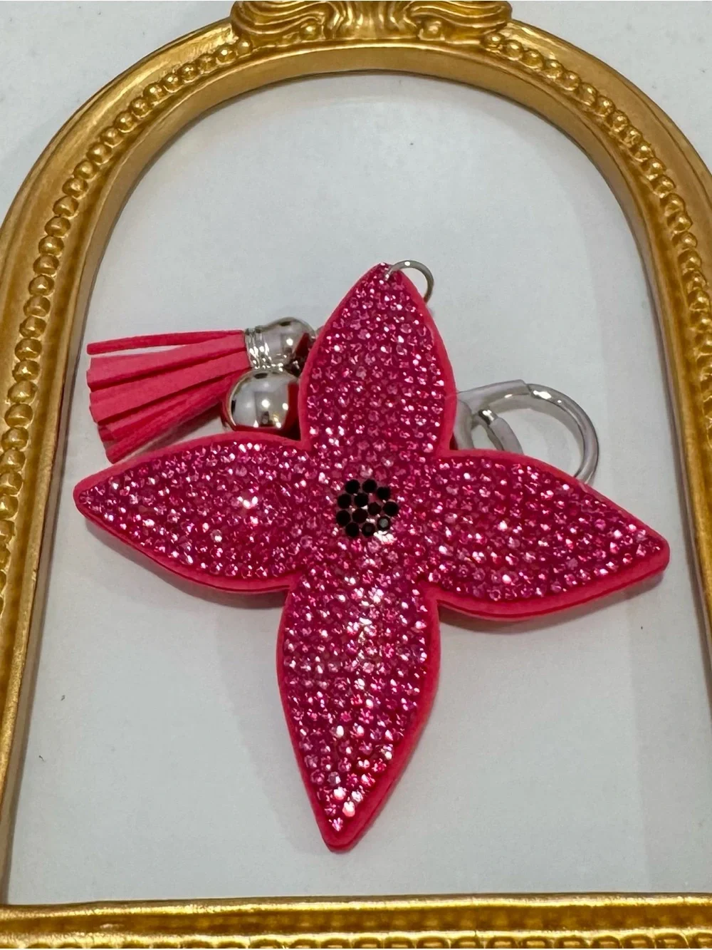 New Pink Crystal Flower Motif Keychain Charm